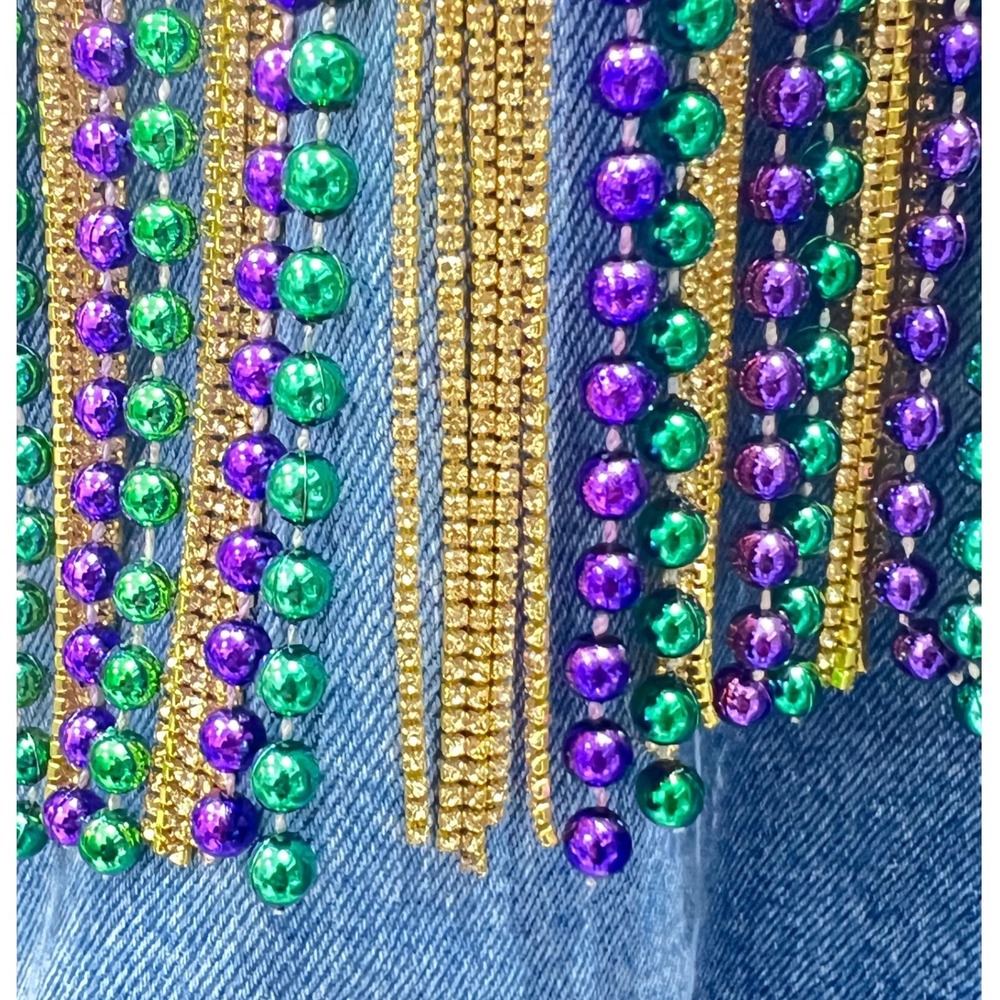 Mardi Gras Festival Women Fringe  DenimJacket XL Embellishment Rhinestone Sequin - Picture 5 of 14